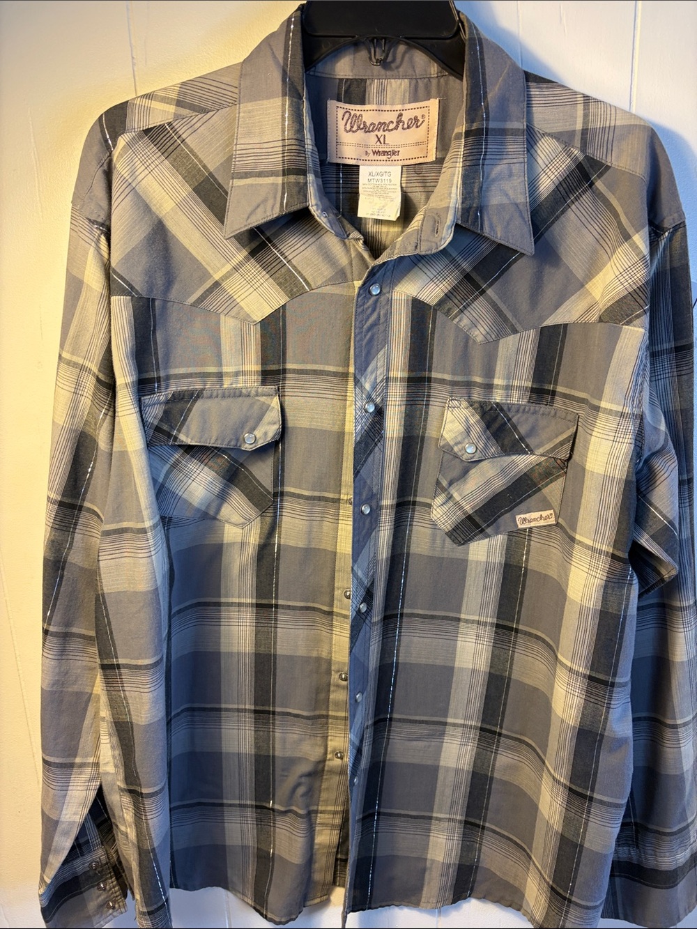 Wrangler Wrancher Men's XL Gray Plaid Long Sleeve Pearl Snap Western Shirt